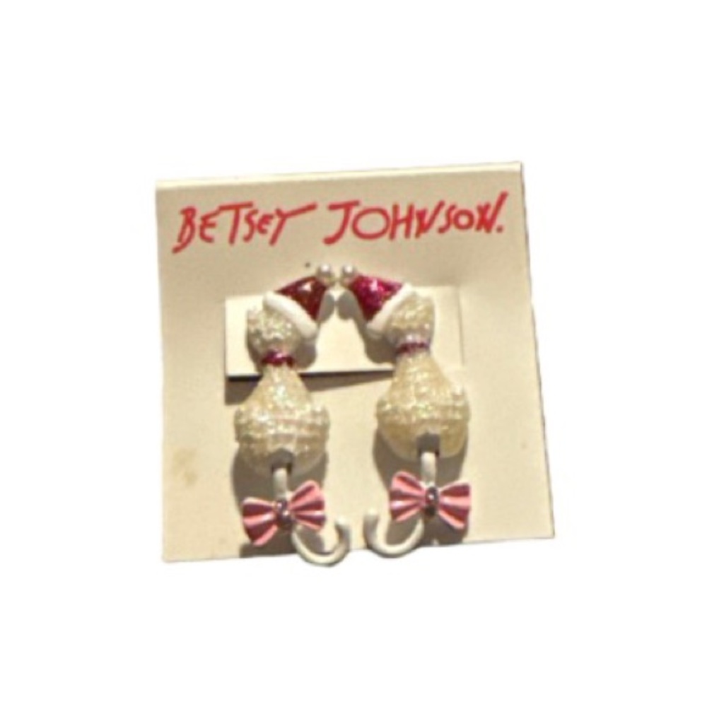 Betsey Johnson Pink and White cat  christmas Drop Earrings